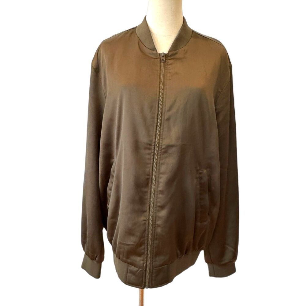 BP Olive Green Satin Bomber Jacket Full Zip Large NEW NWT